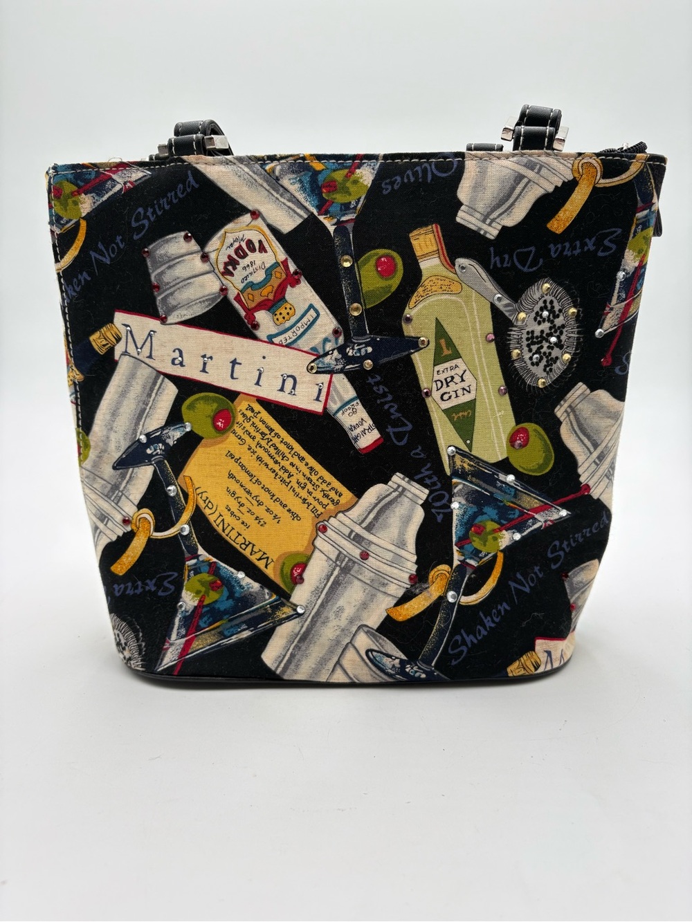 Martini Print‎ Black Canvas Small Tote Bag Purse Double Handles Zipper